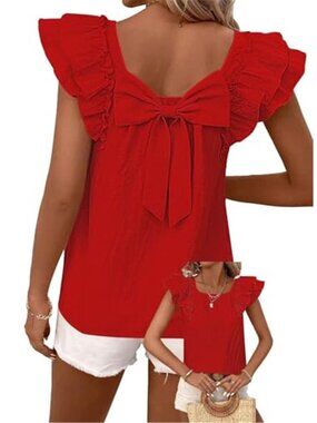 Red Ruffle Sleeve Bow Back Blouse Flutter Sleeve Babydoll Top